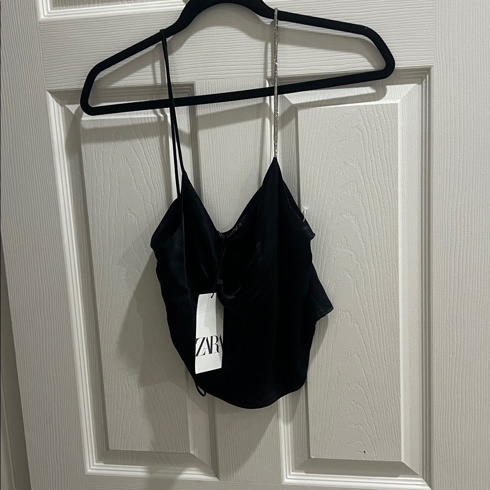 Zara Black Satin Cowl-Neck Camisole with Thin Straps
